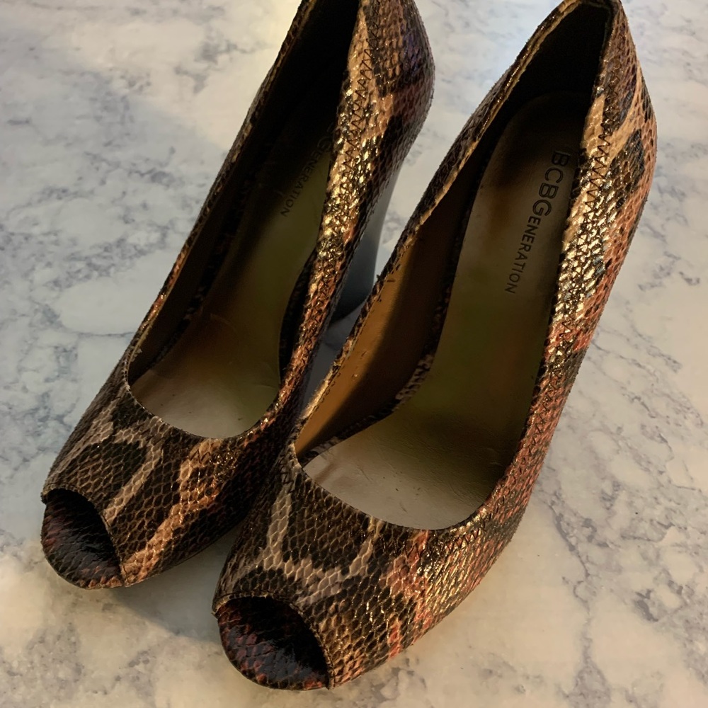 BCBGeneration Snakeskin Peep-Toe Wedges